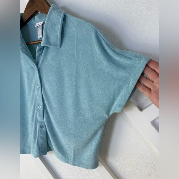 NWT Andie Swim The Cropped Button Up Short Sleeve Shirt Terry Cloth Blue Small - Picture 4 of 9